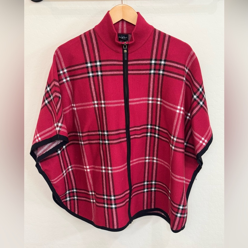 Nicole Miller Red Plaid Zip-Front Cape Sweater w/ Black Trim & Mock Neck